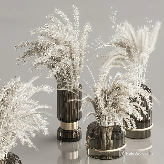 Dark Colored Vases with White Dried Flowers and Elegant Gold Bases 3d model 