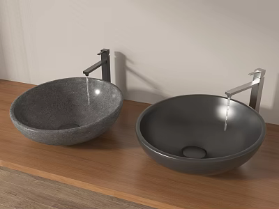 Two Modern Dark Stone Washbasins With Chrome Faucets On Wooden Countertop 3d model