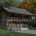 Traditional Wooden House With Tile Roof Surrounded by Autumn Trees and Stone Yard