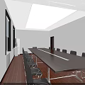 Conference Room Interior With Long Wooden Table Black Chairs Bookshelves And Windows