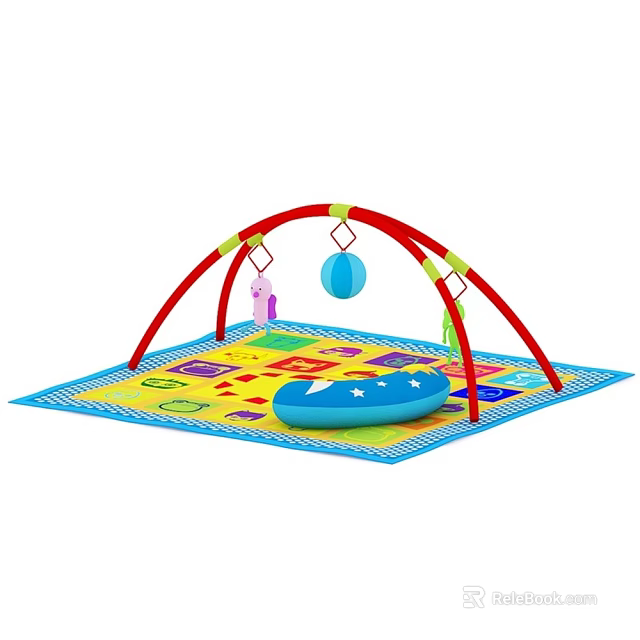 Baby Doll Hanging On Red Arch Stand With Colorful Play Mat And Blue Ball 3d model 