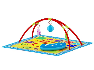 Baby Doll Hanging On Red Arch Stand With Colorful Play Mat And Blue Ball 3d model