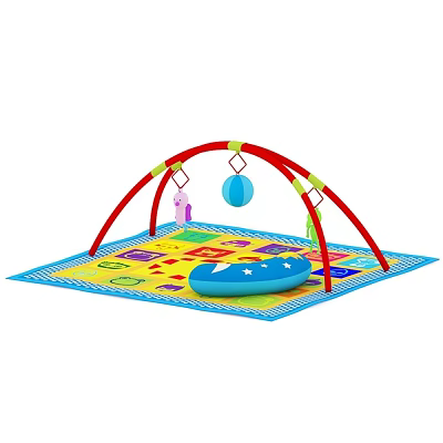 Baby Doll Hanging On Red Arch Stand With Colorful Play Mat And Blue Ball 3d model
