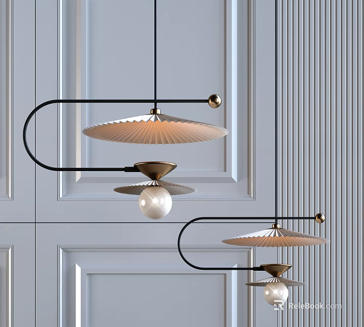 Modern Contemporary Chandelier With Curved Metal Arms Pleated Shade And Glass Ball Decor 3d model 