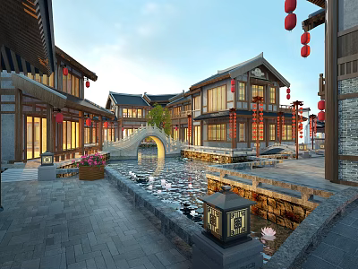 Traditional Chinese Commercial Street with Ancient Architecture Red Lanterns Stone Bridge and Pond 3d model