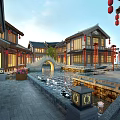 Traditional Chinese Commercial Street with Ancient Architecture Red Lanterns Stone Bridge and Pond