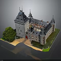 Historic Castle Architecture With Multiple Towers Spires Green Trees And Lush Lawn