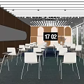 Modern Conference Room With Striped Ceiling Orange Walls Large Windows White Chairs Tables Digital Clock