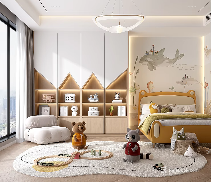 Cozy Kids Room With Yellow Bed Plush Toys And Wall Mural 3d model 