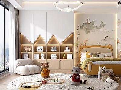 Cozy Kids Room With Yellow Bed Plush Toys And Wall Mural 3d model