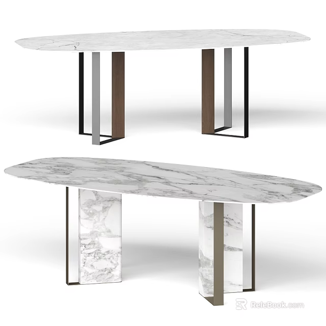Elegant Modern Marble Dining Table with Oval Rectangular Shapes and Metal Marble Legs 3d model 