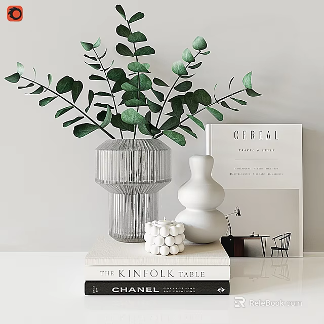 Modern Minimalist Ornamental Set With Green Foliage Transparent Ribbed Vase White Gourd Ornament And Books 3d model 
