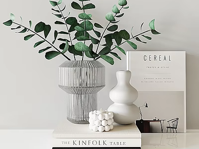 Modern Minimalist Ornamental Set With Green Foliage Transparent Ribbed Vase White Gourd Ornament And Books 3d model