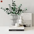 Modern Minimalist Ornamental Set With Green Foliage Transparent Ribbed Vase White Gourd Ornament And Books