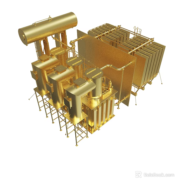 Golden Industrial Machinery Structure With Metal Pipes And Frames Design 3d model 
