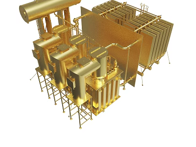 Golden Industrial Machinery Structure With Metal Pipes And Frames Design 3d model