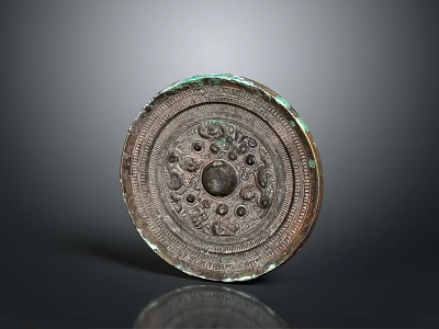 Ancient Bronze Circular Sculpture With Intricate Carved Patterns And Central Motif 3d model