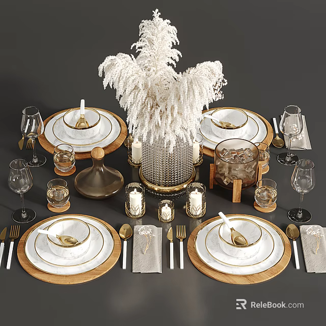 Elegant Tableware Set With White Gold Plates Wooden Chargers Glassware Cutlery And Feather Centerpiece 3d model 