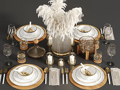 Elegant Tableware Set With White Gold Plates Wooden Chargers Glassware Cutlery And Feather Centerpiece 3d model