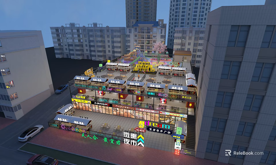 Multi Storey Commercial Complex With Shops Neon Signs And Surrounding High Rise Buildings 3d model 