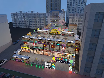 Multi Storey Commercial Complex With Shops Neon Signs And Surrounding High Rise Buildings 3d model