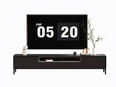 Modern Black TV Stand With Flat Screen TV Decorative Plants And Ornaments 3d model