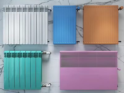 Colorful Modern Radiators With White Blue Orange Teal Pink Designs For Home Heating 3d model