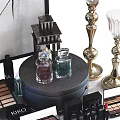 Stylish Perfume Cosmetics Display With Women's Face Paintings And Decorative Items