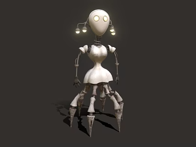 White Mechanical Game Character Featuring Round Head Lights Dress Like Body And Spider Legs 3d model