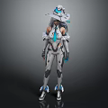 Futuristic Sci Fi Character And Humanoid Creature With Mechanical Armor Helmet And Blue Accents