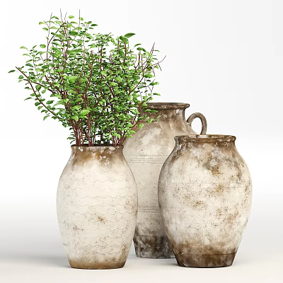 Vintage Textured Ceramic Vases With Green Plant Twigs And Fresh Leaves 3d model