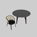 Round Black Wood Dining Table With Four Woven Back Dark Frame Chairs 3d model