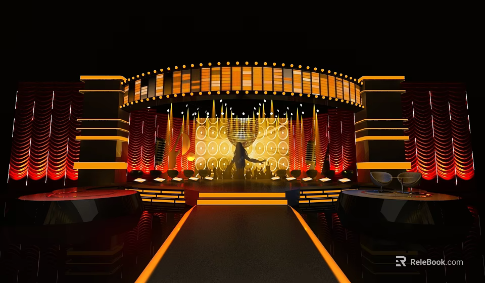 Elegant Curved Stage Design With Yellow Lights Red Curtains And Circular Decorations 3d model 