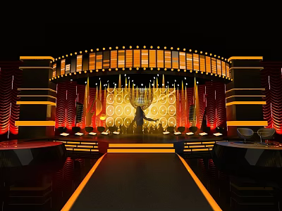 Elegant Curved Stage Design With Yellow Lights Red Curtains And Circular Decorations 3d model