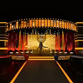 Elegant Curved Stage Design With Yellow Lights Red Curtains And Circular Decorations