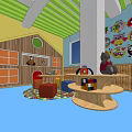 Bright Kindergarten Interior With Colorful Blocks Round Shelf Large Windows And Kids' Tables