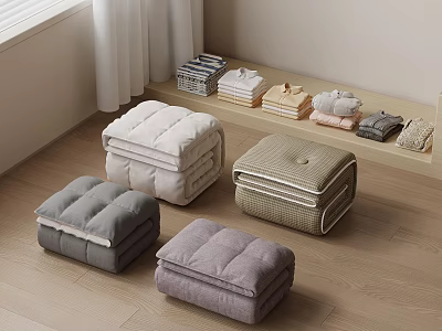 Organized Storage Bags For Folded Blankets In Bedroom With Wooden Floor And Shelf 3d model