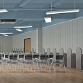 Modern Conference Room With Blue Large Screen Neatly Arranged White Chairs And Wooden Floor