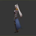Fantasy Anime Style Woman With White Horns And Orange Blue Outfit