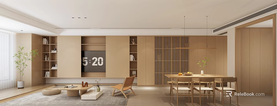 Modern Living Dining Room Interior Design With TV Wooden Bookshelves Slatted Doors And Dining Table 3d model 