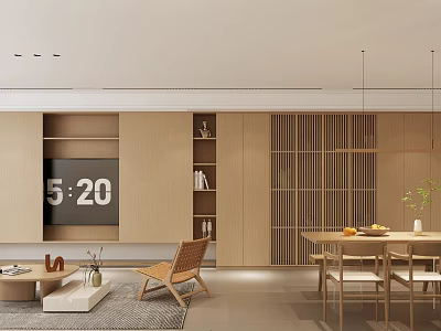 Modern Living Dining Room Interior Design With TV Wooden Bookshelves Slatted Doors And Dining Table 3d model