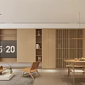 Modern Living Dining Room Interior Design With TV Wooden Bookshelves Slatted Doors And Dining Table