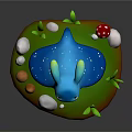Blue Rabbit Like Creature On Green Grassy Base With Mushrooms Stones And Grass Blades