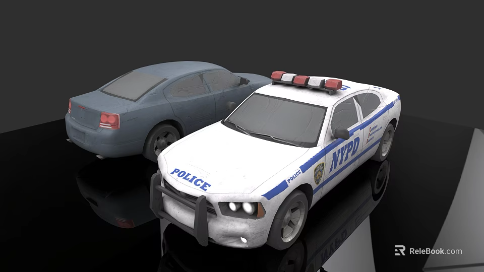 White NYPD Police Car With Blue Stripes Emergency Lights And Gray Sedan 3d model 