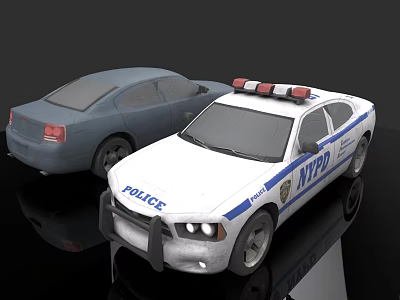 White NYPD Police Car With Blue Stripes Emergency Lights And Gray Sedan 3d model