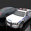 White NYPD Police Car With Blue Stripes Emergency Lights And Gray Sedan