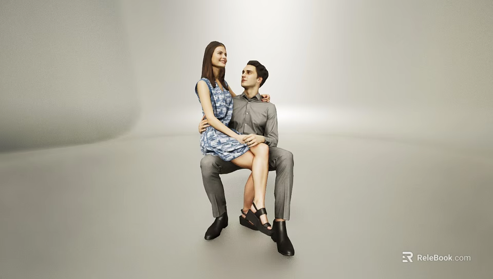 Couple Sitting Together In Minimalist Gray Background With Blue Floral Dress And Gray Outfit 3d model 