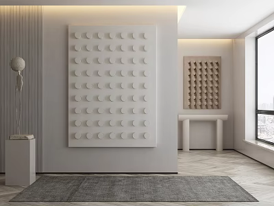Modern Interior With White Relief Artwork Gray Rug And Geometric Decor 3d model