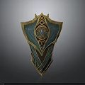 Ornate Teal and Gold Shield with Intricate Patterns and Central Gemstone