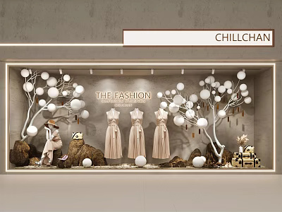 Chillchan Fashion Window Display with Three Dresses Mannequins White Balls And Tree Branches 3d model